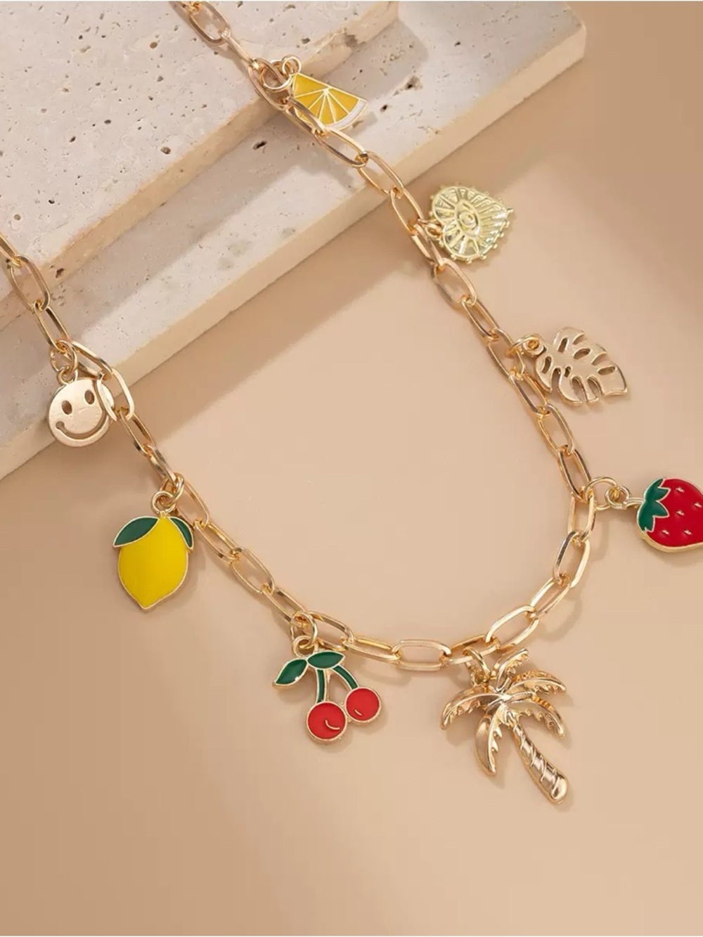 Gold-Tone Fruit Charm Necklace with Yellow Lemon & Red Cherry Accents